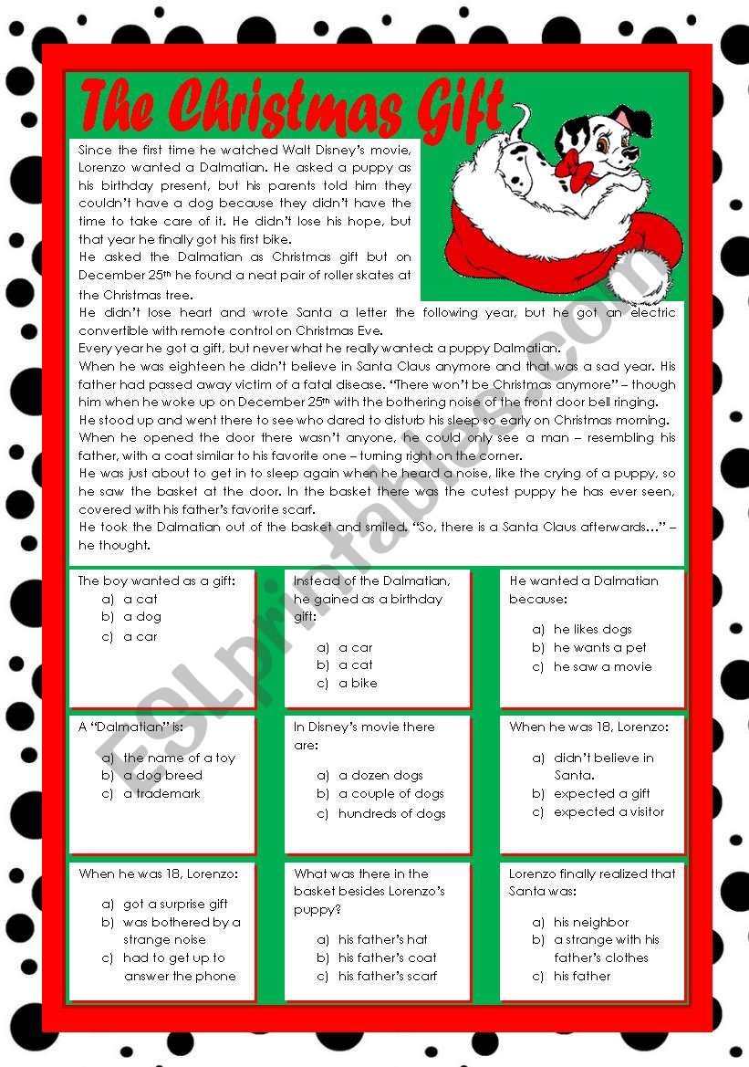 The Christmas Gift - reading comprehension + Past Simple / Past Continuous [4 types of exercises] - keys included  ((3 pages)) ***editable